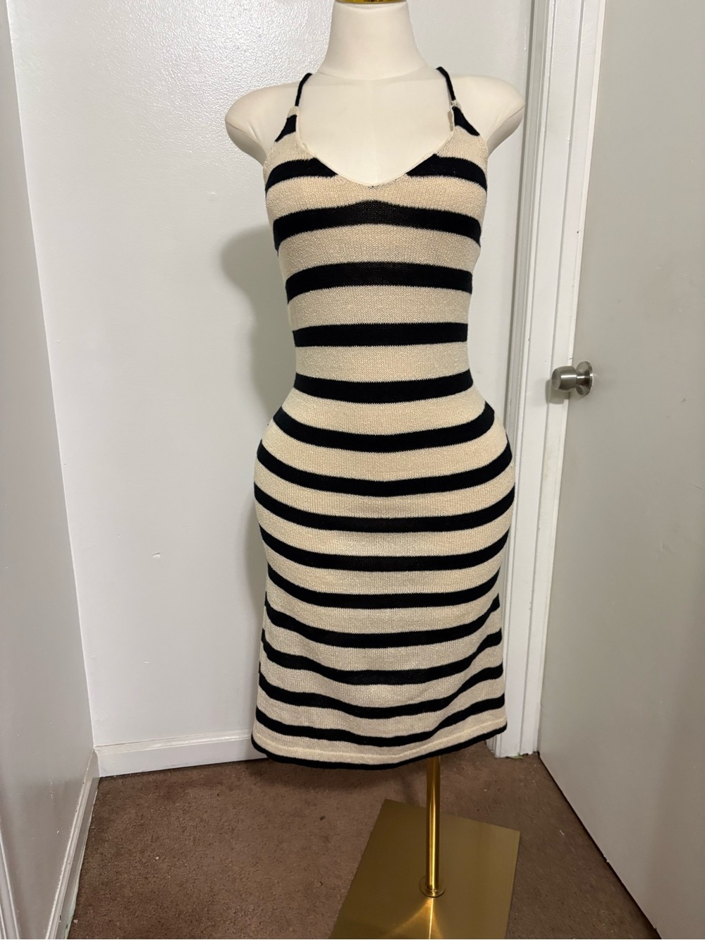 Striped Knit Midi Slip Dress - Black & Cream NWOT